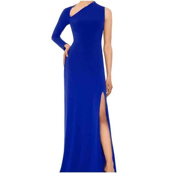 NWT Besty & Adam Dress Full Length Maxi One Shoulder Long Sleeve Blue Size 2 - Picture 1 of 13